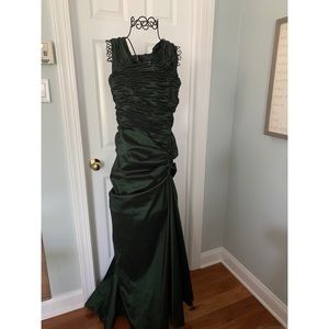 Tadashi Shoji olive green gown with ruched detail